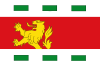 A flag divided in three horizontal bands. The red centre band is wider and contains the top half of a gold lion rampant on the left. The top and bottom white bands contain three equally spaced green rectangles each.