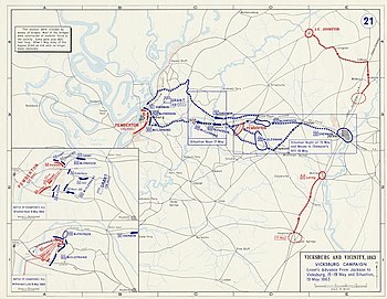 Map of the situation from May 15-19, 1863. Grant's army moved west from Jackson to Vicksburg, with battles at two points between the two. Pemberton's Confederate army ends up in Vicksburg, while Johnston moved to the northeast of Jackson