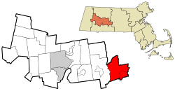 韦尔在汉普夏县及马萨诸塞州的位置（以红色标示）