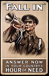 A soldier blowing a bugle. The poster states "'Fall in' answer now in your country's hour of need."