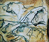 Upper Paleolithic cave painting depicting cave lions, found in the Chauvet Cave, France[35]