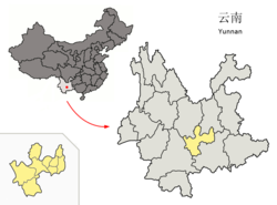 玉溪市在云南省的地理位置（黄色部分）