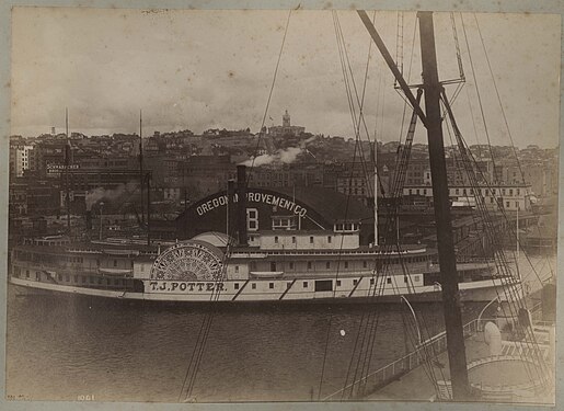 For once, a precisely dated photo. Sidewheeler T.J. Potter at Pier B; Seattle Public Library dates this circa 1890. Written on Pier B pier shed: "Oregon Improvement Co. B".