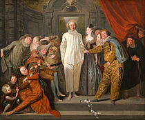 尚-安托万·华铎的《意大利喜剧演员们》（The Italian Comedians），63.8 × 76.2cm，约作于1720年，来自山缪·亨利·卡瑞斯的收藏。[47]