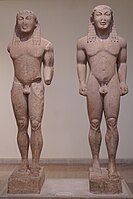 Statues of brothers Kleobis and Biton of Argos, sons of a priestess of Hera. Made by Polymedes of Argos and dedicated to Apollo by the people of Argos. Delphi, Greece. Archaic, 610 B.C.E. Delphi Archaeological Museum, Delphi.