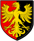 Arms of Obernai: Over a field divided vertically, red and black, a golden eagle with its wings displayed