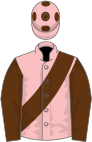 Pink, brown sash and sleeves, brown spots on cap
