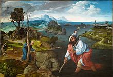 Landscape with Saint Christopher, c. 1520, oil on panel, 125 cm × 170 cm (49 in × 67 in), El Escorial, Monasterio de San Lorenzo, Spain