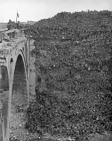 Brigadier General John Vaughan Campbell VC addressing troops of the 137th Brigade (46th Division) from the Riqueval Bridge over the St Quentin Canal on 2 October 1918