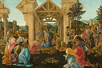 波提且利的《三博士来朝（意大利语：Adorazione dei Magi (Botticelli Washington)）》，70 × 104.2cm，约作于1480年，来自安德鲁·威廉·梅隆的收藏，原为艾米塔吉博物馆的藏品。[13]