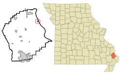 科默斯在斯科特縣及密蘇里州的位置（以紅色標示）