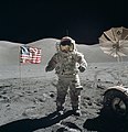 Image 23American astronaut Eugene Cernan (born March 14, 1934), shown here on the surface of the Moon during the Apollo 17 mission, the last time any human has set foot on it. In that final lunar landing mission, launched December 7, 1972, Cernan became "the last man on the moon" since he was the last to re-enter the Apollo Lunar Module during its third and final extra-vehicular activity. Prior to this, Cernan had also gone into space twice on the Gemini 9A and Apollo 10 missions.