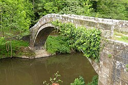 An arched stone bridge, spanning a narrow body of still water, with trees on the far side of the river