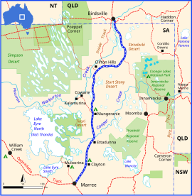 Map showing the route of the Birdsville track
