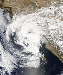 Satellite image of a disorganized, weakening Tropical Depression Blanca over land on June 8