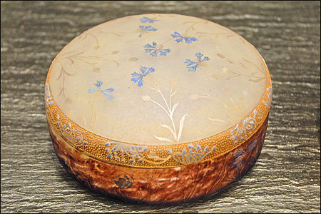 Daum Bonbon container with cornflower design of engraved glass, enamel, and gold by Daum (1901)