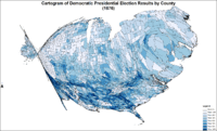 Cartogram of Democratic presidential election results by county