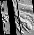 火星侦察轨道器 HiRISE 拍摄的什洛尼尔斯小火山渠道。山顶的火山口在右方影像中可见。点选影像可看到在陡坡上的暗色条纹。比例尺长度1000米。