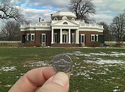 Monticello facade and its reproduction on a nickel