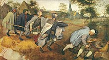 Painting of a procession of six blind, disfigured men. The leader of the group has fallen on his back, dragging the other men with him.