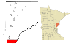 罗克克里克在派恩县及明尼苏达州的位置（以红色标示）