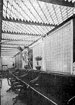 A brightly-lit room with the inside edge lined with carrell desks. The ceiling is made of pendant prisms, supported by a very unobtrusive frame (which is in turn supported at wide intervals by slender diagonal braces from the walls). The wall over the desks is made of prism tiles.