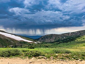 Summer thunderstorms form very quickly; above timberline, exposure to electrical storms can be dangerous or deadly. This weather system was photographed on Sunday, July 8, 2018 on the west side of the Rollins Pass road, roughly halfway between the trailhead for Pumphouse Lake and the summit.