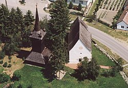 Vámosatya - wooden belfry, aerial view