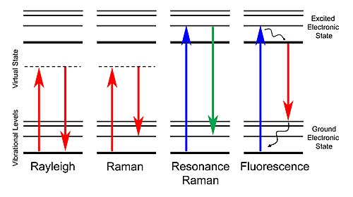 Energy level diagram showing scattering and fluorescence