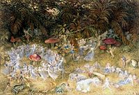 Although the fairy realm may be seen as benevolent, on the other hand, according to many folk tales, an invasion of the Fairy ring is perilous for men.[55] Fairy Rings by Richard Doyle, 1875.