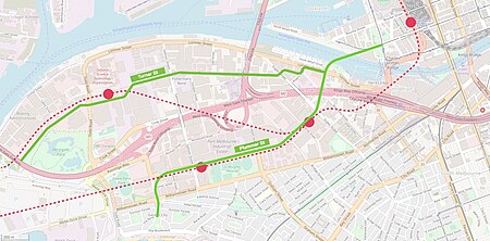 Map showing the two proposed extensions of the tram network through Fishermans Bend