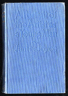 A book cover. It is entirely blue, and has "A Portrait of the Artist as a Young Man ~ James Joyce" embossed on it.