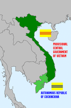 The (claimed) territories of the Provisional Central Government of Vietnam and the Autonomous Republic of Cochinchina.