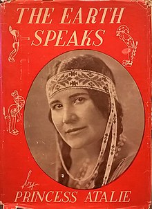 Photograph of a book cover which has text at the top and bottom, has 3 small line drawings of Native American figures and a center oval portrait of a Native woman wearing a beaded headband.