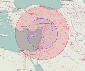 Anti-access/area denial bubble created by Iskander-M and S-400 systems deployed at Russia's Khmeimim airbase. Red – ballistic missile range (700 km). Blue – maximum range of the S-400 system with 40N6 missile (400 km).