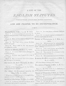 A page from a book, with the title "A list of the English statutes" and two columns of text below, one for English and the other for Latin. The Statute of Merton is the first statute listed.