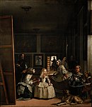 Las Meninas; by Diego Velázquez; 1656; oil on canvas; 3.18 cm × 2.76 m; Museo del Prado (Madrid, Spain)[161]