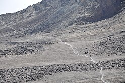 A trail runs across the curving side of a dry alpine desert of Mount Kilimanjaro