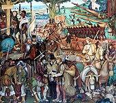 Mural of exploitation of Mexico by Spanish conquistadores, Palacio Nacional, Mexico City (1929–1945)