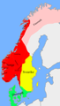 Unified Norway during the reign of Saint Olav c. 1020 AD. In pale red Finnmarken ("Marches of the Sami") most of which paid tribute to the kings of Norway.