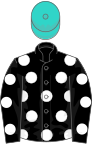 Black, white spots, turquoise cap