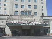 Main entrance of the Westward Ho Hotel. The hotel was built in 1928 and is located at 618 N. Central Ave. On November 3, 1960, Senator John F. Kennedy made a campaign speech during a Westward Ho Hotel Democratic Breakfast.