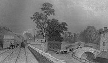 Berkhamsted railway station in 1838 with the Grand Junction Canal to the right[13]