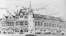 A black-and-white drawing of a range of buildings on a corner. The central corner building is in three storeys, and has two turrets with a stair tower to the right. Two buildings extend to its left and four to its right; all these are similar, with arched shop fronts in the lower storey and paired windows in the upper storey.