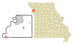 刘易斯与克拉克村在布坎南县及密苏里州的位置（以红色标示）