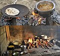 Top: Roti bread and sabzi (vegetable) stew are cooked outdoors in the Thar Desert using traditional Rajasthani methods. Bottom: The kitchen of a Hindu temple.