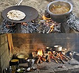 L-29. Top: Roti bread and vegetable sabzi (stew) cook outdoors in the traditional manner of Thar desert, Rajasthan. Bottom: A traditional kitchen of a Hindu temple in Karnataka.