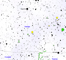 M37 appears as the central yellow dot in this large-scale (close range), detailed map