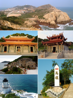 Top: Magan Tianhou Temple in Nangan, Bottom left: Matsu display monument in Nangan, Bottom upper left: Lin Moniang Tomb in Mazu Temple, Bottom lower right: Dongyong Lighthouse