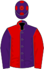 Purple and red (halved), reversed sleeves, purple cap, red spots